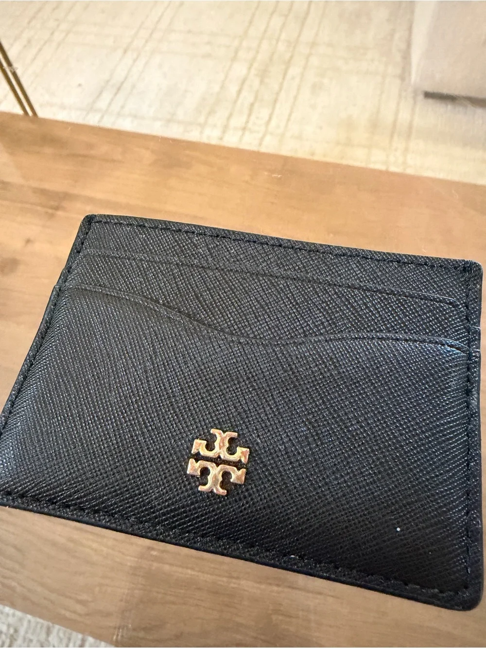Tory Burch Black Leather Card Holder with Gold Logo Accent
